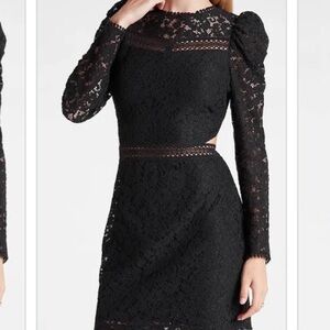 Express NEW Black Lace Puff Long Sleeve Side Cutout High Neck Mini Dress Small